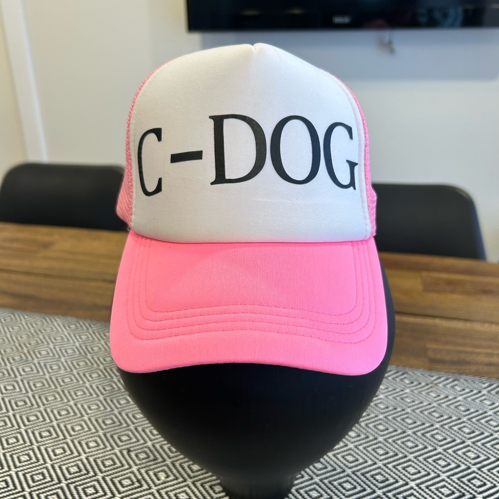 Custom C-DOG pink and white trucker hat. Adjustable.